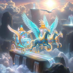 Celestial chariots made of ethereal crystal and divine energy, elegantly designed and shimmering with iridescent colors