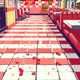 A detailed pixel art depiction of the floor inside a hamburger restaurant