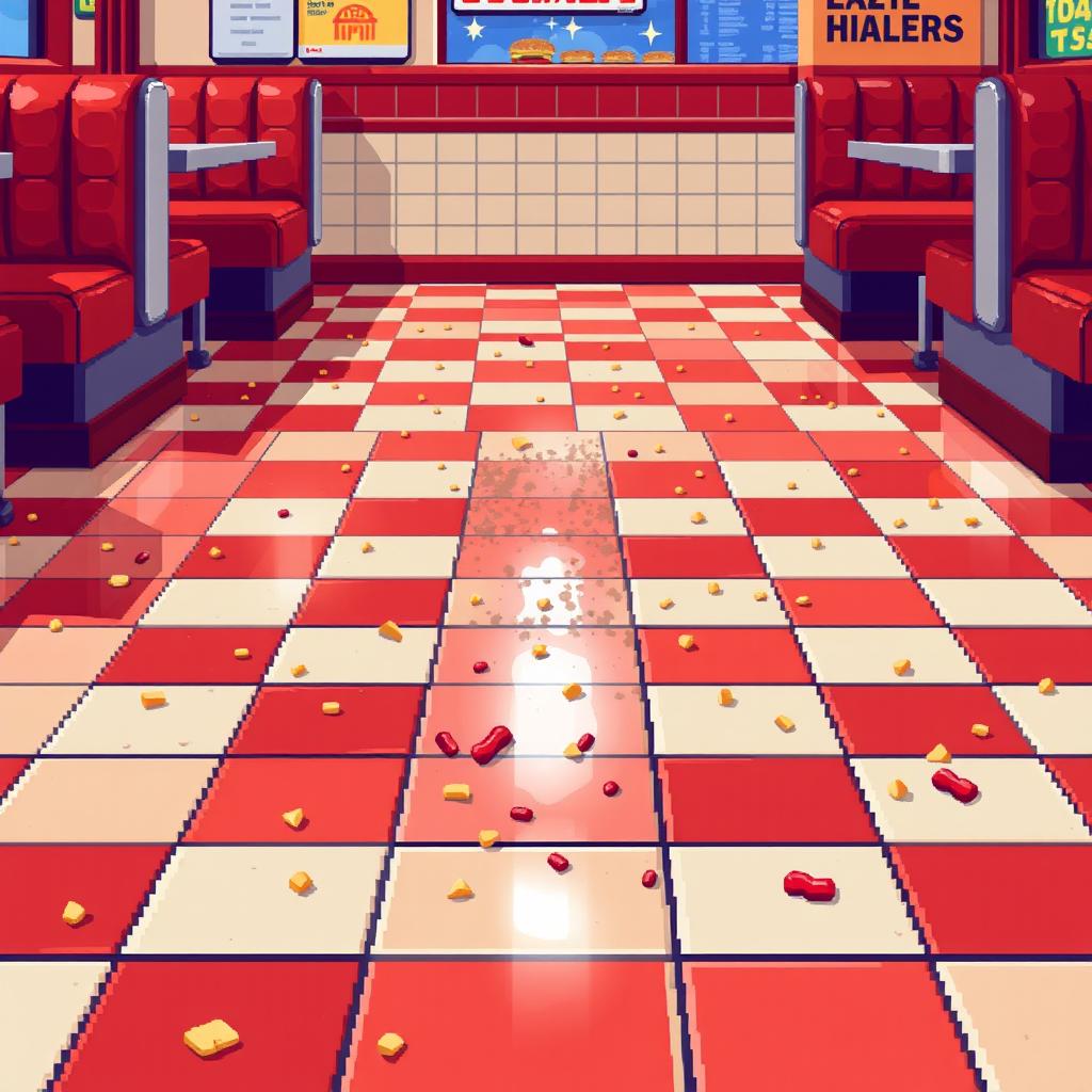 A detailed pixel art depiction of the floor inside a hamburger restaurant