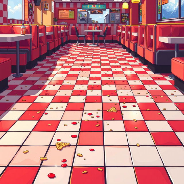 A detailed pixel art depiction of the floor inside a hamburger restaurant