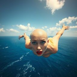 A beautiful bald woman with striking blue eyes and bold red lips, falling gracefully through the sky above a vast, deep blue sea