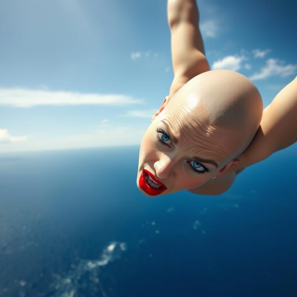 A beautiful bald woman with striking blue eyes and bold red lips, falling gracefully through the sky above a vast, deep blue sea