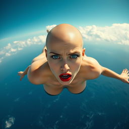 A beautiful bald woman with striking blue eyes and bold red lips, falling gracefully through the sky above a vast, deep blue sea