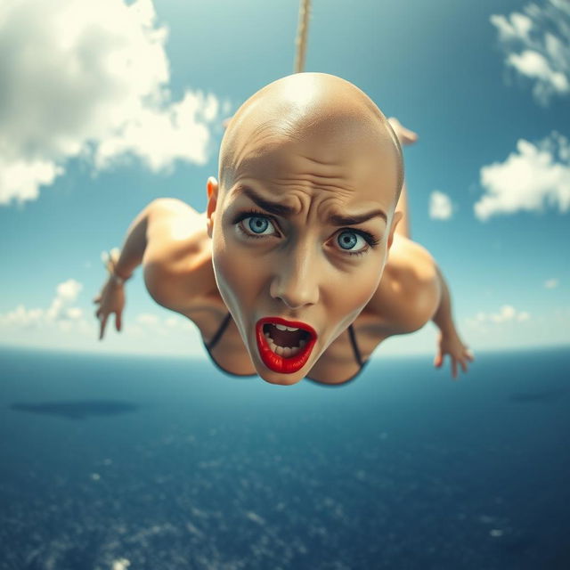 A beautiful bald woman with striking blue eyes and bold red lips, falling gracefully through the sky above a vast, deep blue sea