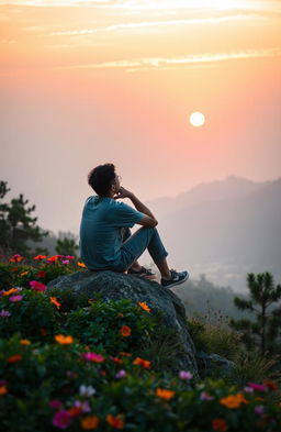 A serene and inspiring scene depicting a person sitting peacefully on a mountain top, overlooking a beautiful sunrise