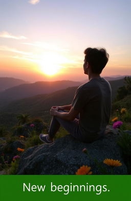 A serene and inspiring scene depicting a person sitting peacefully on a mountain top, overlooking a beautiful sunrise