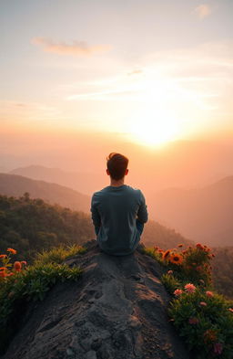 A serene and inspiring scene depicting a person sitting peacefully on a mountain top, overlooking a beautiful sunrise