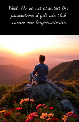 A serene and inspiring scene depicting a person sitting peacefully on a mountain top, overlooking a beautiful sunrise