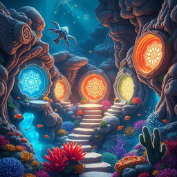 Coral portals connecting different parts of a mystical kingdom, each portal featuring a unique and intricate design