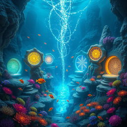 Coral portals connecting different parts of a mystical kingdom, each portal featuring a unique and intricate design