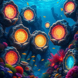 Coral portals connecting different parts of a mystical kingdom, each portal featuring a unique and intricate design