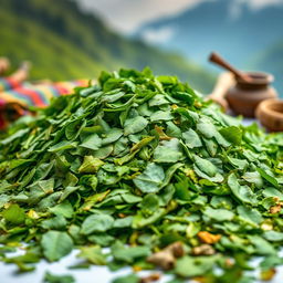 An artistic representation of a fresh, vibrant pile of coca leaves, meticulously crushed, showcasing their deep green hues and textured surfaces
