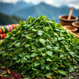 An artistic representation of a fresh, vibrant pile of coca leaves, meticulously crushed, showcasing their deep green hues and textured surfaces