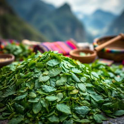 An artistic representation of a fresh, vibrant pile of coca leaves, meticulously crushed, showcasing their deep green hues and textured surfaces