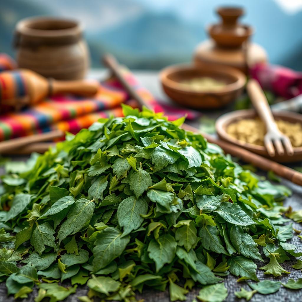 An artistic representation of a fresh, vibrant pile of coca leaves, meticulously crushed, showcasing their deep green hues and textured surfaces