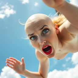 A beautiful bald woman with striking blue eyes and vibrant red lips, captured mid-air as she falls from the sky