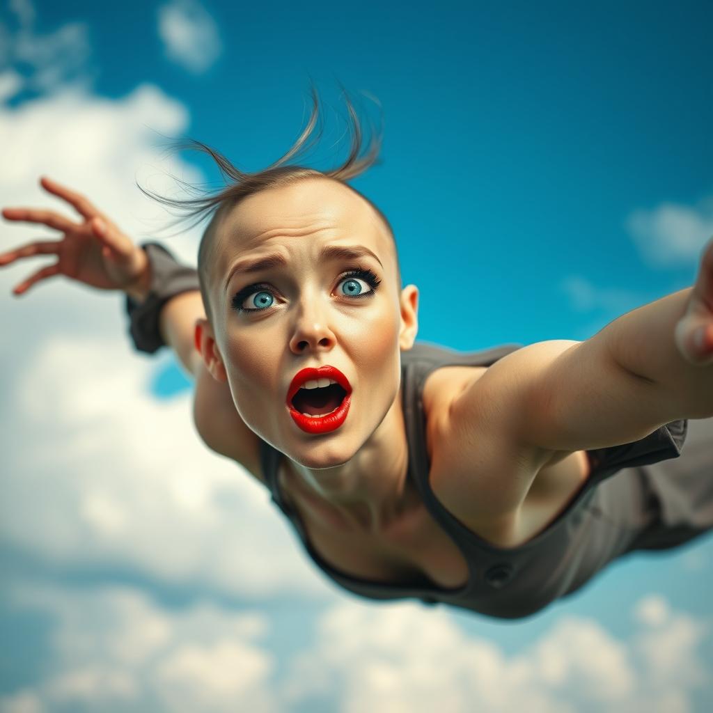 A beautiful bald woman with striking blue eyes and vibrant red lips, captured mid-air as she falls from the sky