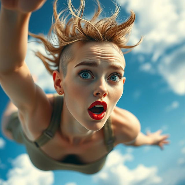 A beautiful bald woman with striking blue eyes and vibrant red lips, captured mid-air as she falls from the sky