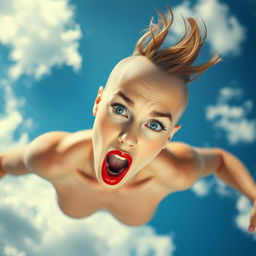 A beautiful bald woman with striking blue eyes and vibrant red lips, captured mid-air as she falls from the sky