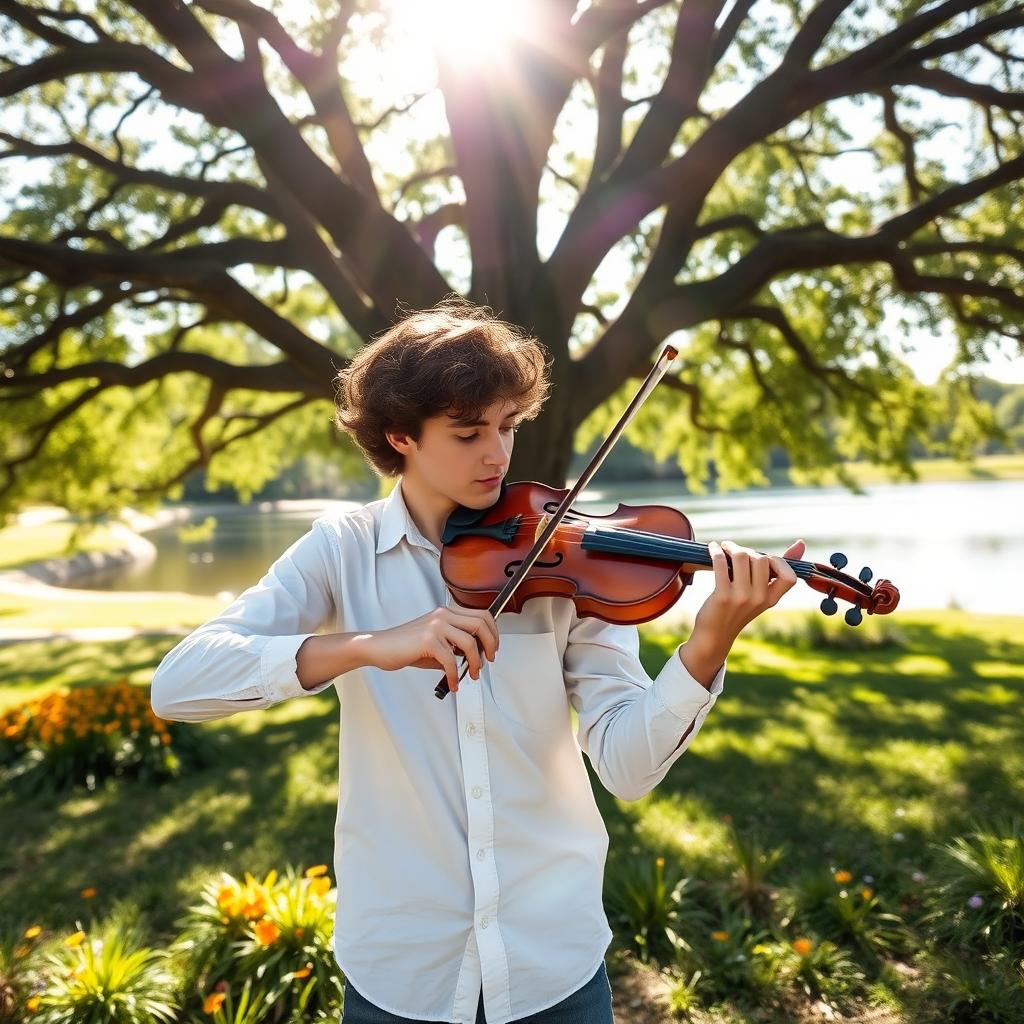 A young man playing the violin with passion, immersed in his music, standing under a beautiful oak tree in a sunny park