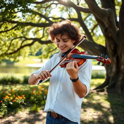 A young man playing the violin with passion, immersed in his music, standing under a beautiful oak tree in a sunny park