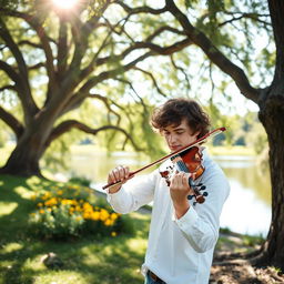A young man playing the violin with passion, immersed in his music, standing under a beautiful oak tree in a sunny park