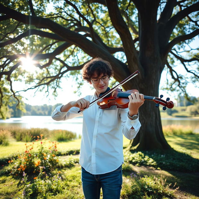 A young man playing the violin with passion, immersed in his music, standing under a beautiful oak tree in a sunny park