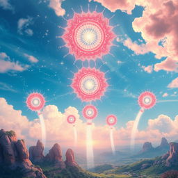 Coral portals in the sky connecting different parts of a mystical kingdom, each portal exhibiting a unique and intricate design