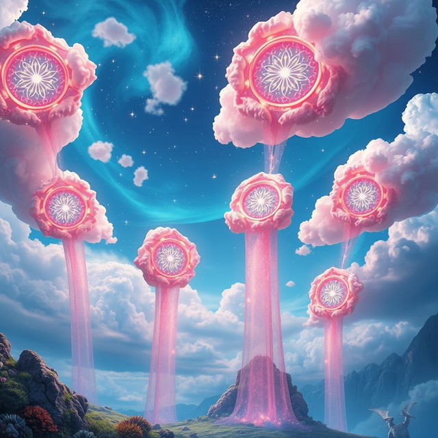 Coral portals in the sky connecting different parts of a mystical kingdom, each portal exhibiting a unique and intricate design