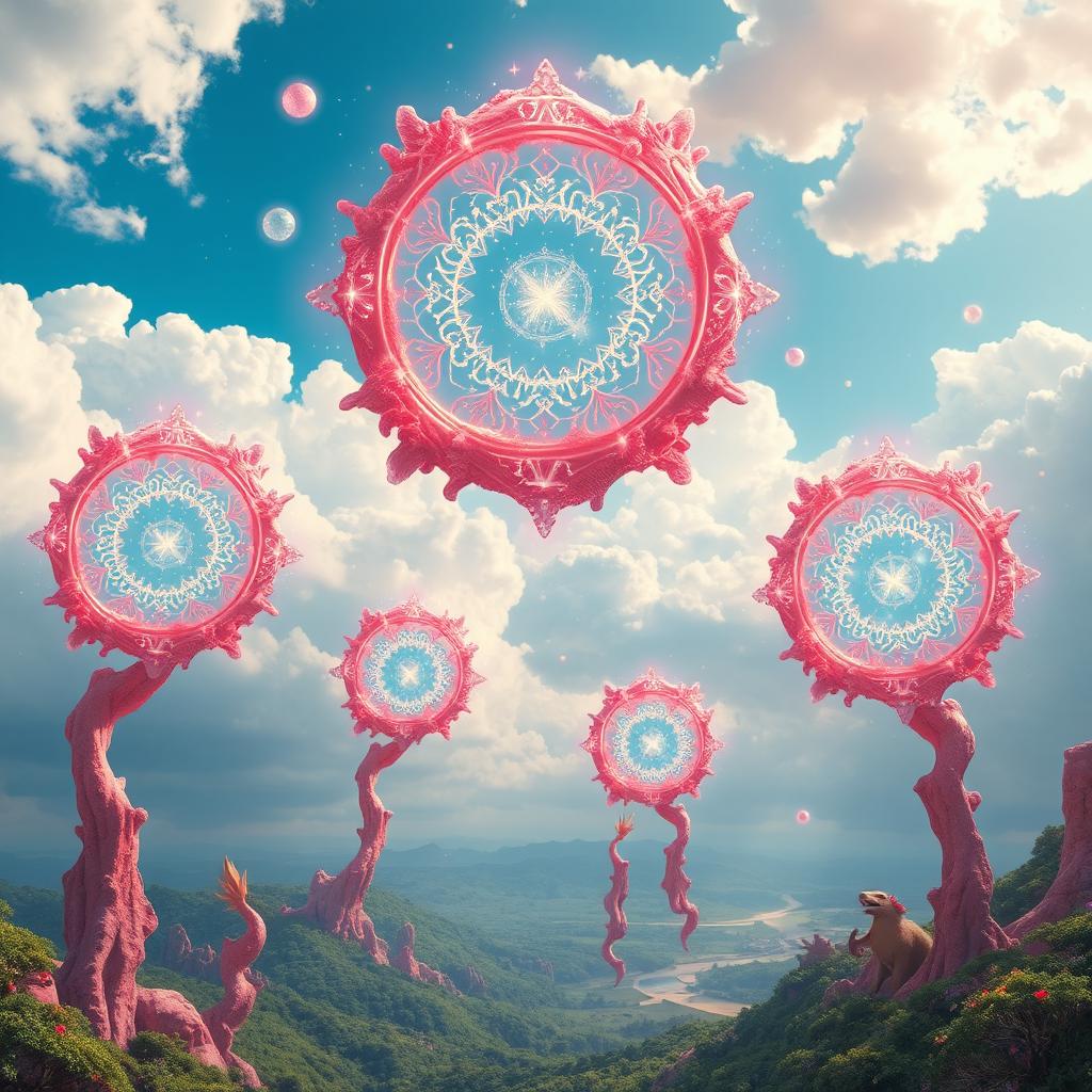 Coral portals in the sky connecting different parts of a mystical kingdom, each portal exhibiting a unique and intricate design