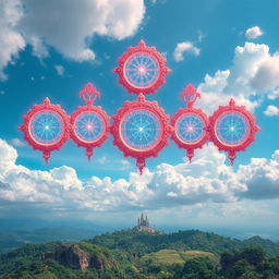 Coral portals in the sky connecting different parts of a mystical kingdom, each portal exhibiting a unique and intricate design