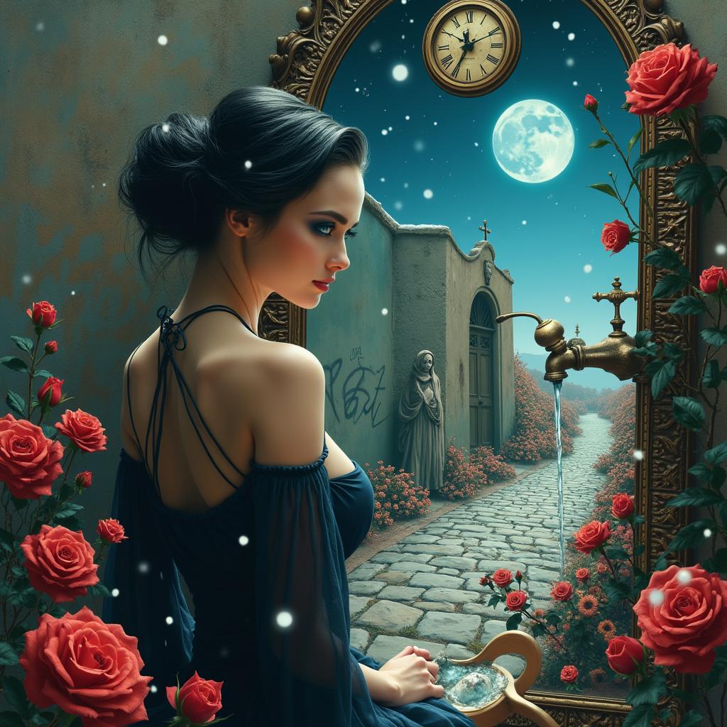 A beautiful, stunning woman with sleek black hair styled in an elegant updo and mesmerizing blue eyes, positioned in a surreal, dreamlike landscape inspired by Salvador Dali