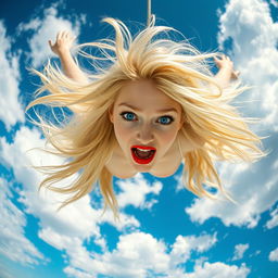 A beautiful blonde woman with striking blue eyes and bright red lips is plummeting from a vivid blue sky, her long hair flowing wildly around her as she descends