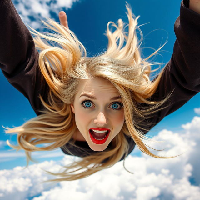 A beautiful blonde woman with striking blue eyes and bright red lips is plummeting from a vivid blue sky, her long hair flowing wildly around her as she descends