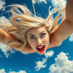 A beautiful blonde woman with striking blue eyes and bright red lips is plummeting from a vivid blue sky, her long hair flowing wildly around her as she descends