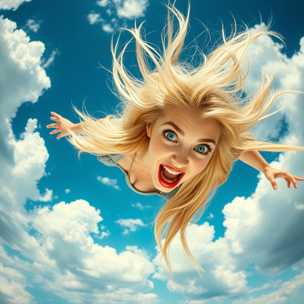 A beautiful blonde woman with striking blue eyes and bright red lips is plummeting from a vivid blue sky, her long hair flowing wildly around her as she descends