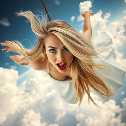 A beautiful blonde woman with striking blue eyes and vibrant red lips, suspended in mid-air as she falls from the sky