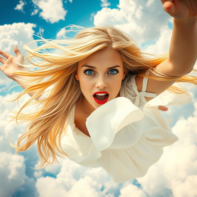 A beautiful blonde woman with striking blue eyes and vibrant red lips, suspended in mid-air as she falls from the sky