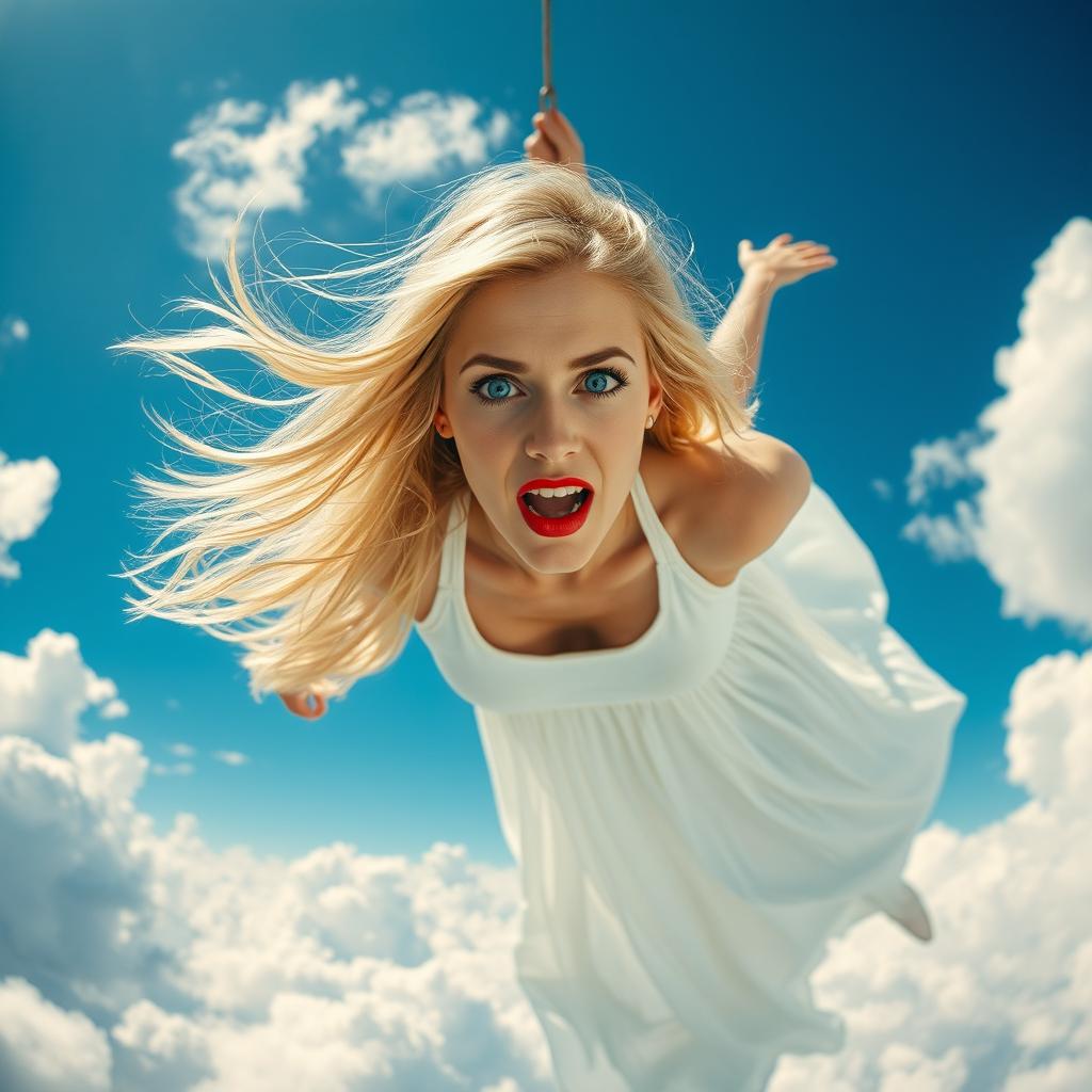 A beautiful blonde woman with striking blue eyes and vibrant red lips, suspended in mid-air as she falls from the sky