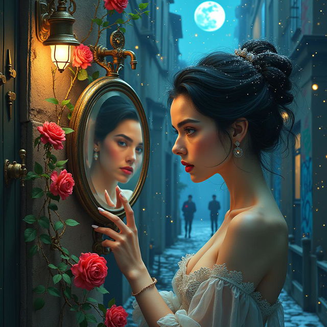 A beautiful, stunning woman with gorgeous black hair styled in an elegant updo and striking blue eyes, immersed in a dreamlike, psychedelic world inspired by Salvador Dali