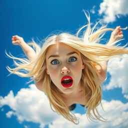 A beautiful blonde woman with striking blue eyes and red lips, depicted as falling from the sky