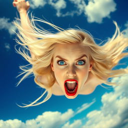 A beautiful blonde woman with striking blue eyes and red lips, depicted as falling from the sky