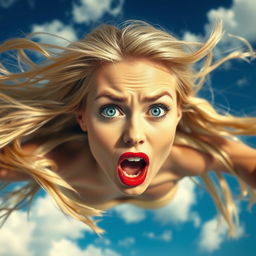 A beautiful blonde woman with striking blue eyes and red lips, depicted as falling from the sky