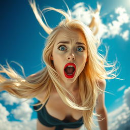 A beautiful blonde woman with striking blue eyes and red lips, depicted as falling from the sky