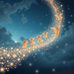 Star trails made of glowing particles suspended in the air, creating radiant paths that angels can walk or float along