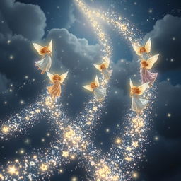 Star trails made of glowing particles suspended in the air, creating radiant paths that angels can walk or float along