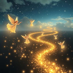 Star trails made of glowing particles suspended in the air, creating radiant paths that angels can walk or float along