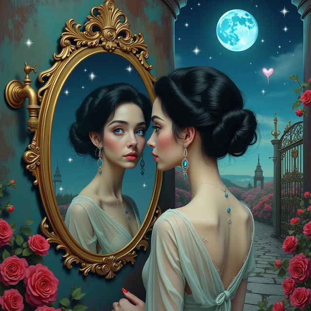 A beautiful, stunning woman with elegant black hair styled in an intricate updo and striking blue eyes, situated in a surreal, dreamlike landscape inspired by Salvador Dali
