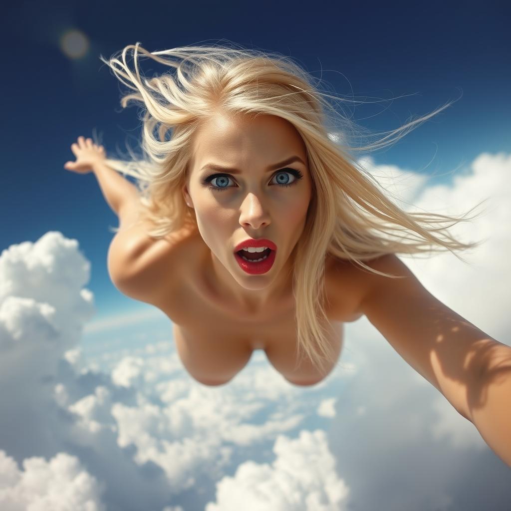 A beautiful nude blonde woman with striking blue eyes and vivid red lips, falling from the sky