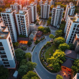 A vibrant and detailed aerial view of Ekbatan Town, showcasing its distinctive architectural style with modern high-rise buildings and lush green parks